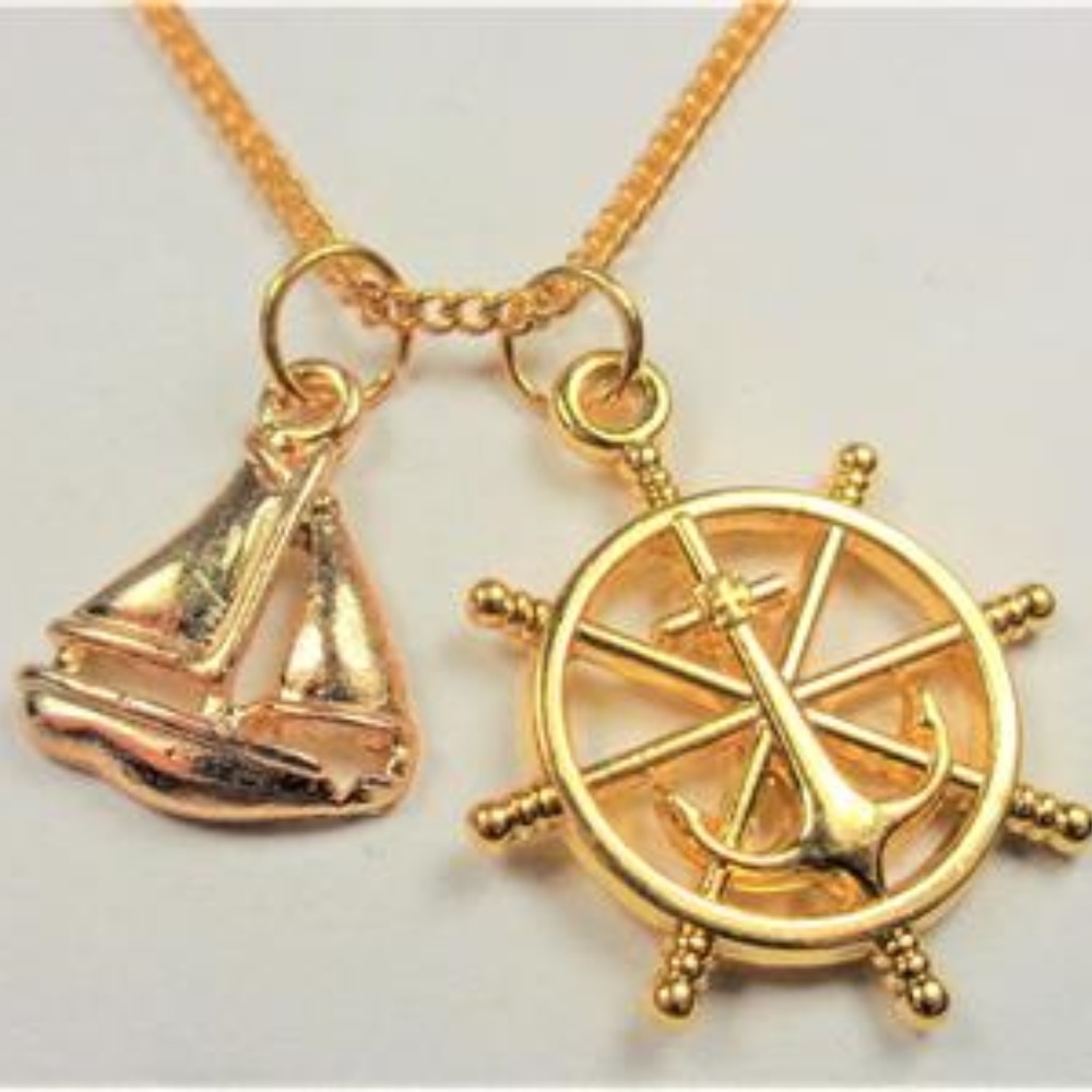 NAUTICAL GOLD TONE SHIPS WHEEL SAILBOAT NECKLACE